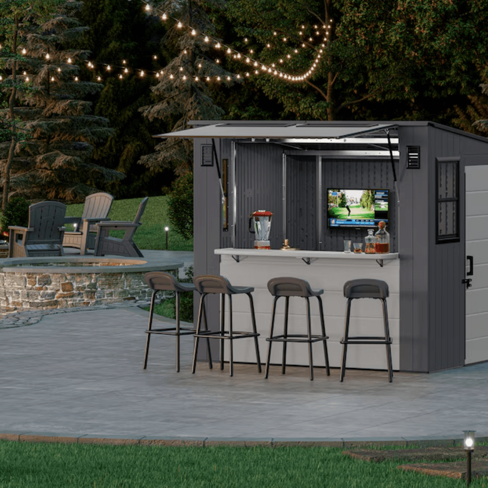Suncast Cabana Entertainment Shed 8 ft. x 7 ft. Resin Standard Pent Storage Shed with Floor Kit