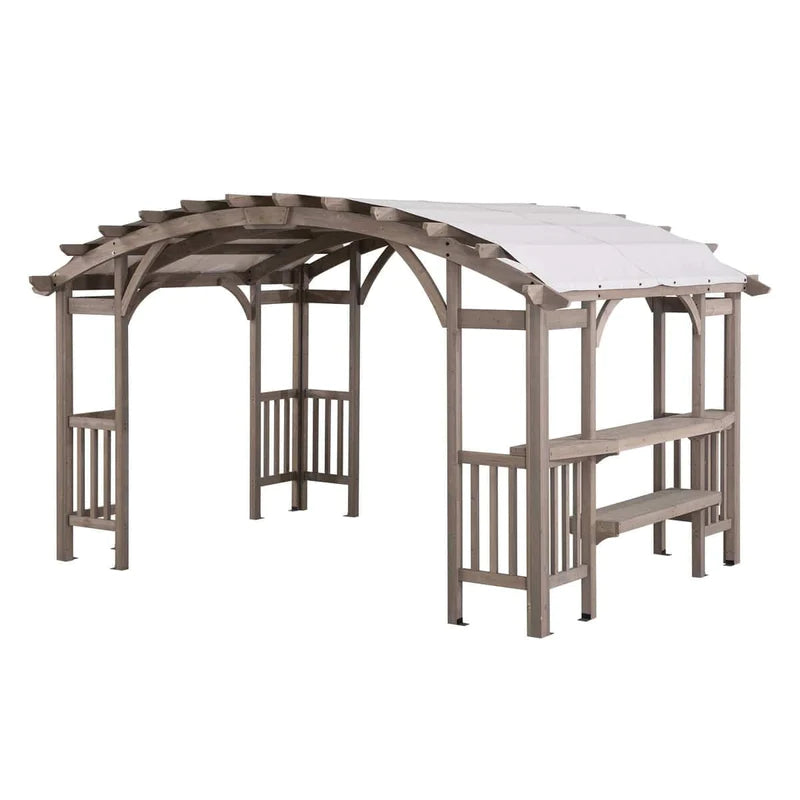 Sunjoy Bellucci 10 x 14 ft. Light Grey Outdoor Cedar Wood Framed Arched Pergola with weather-resistant canopy for Patio