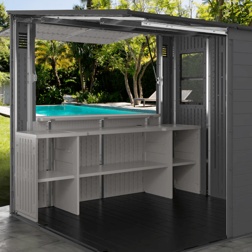 Suncast Cabana Entertainment Shed 8 ft. x 7 ft. Resin Standard Pent Storage Shed with Floor Kit